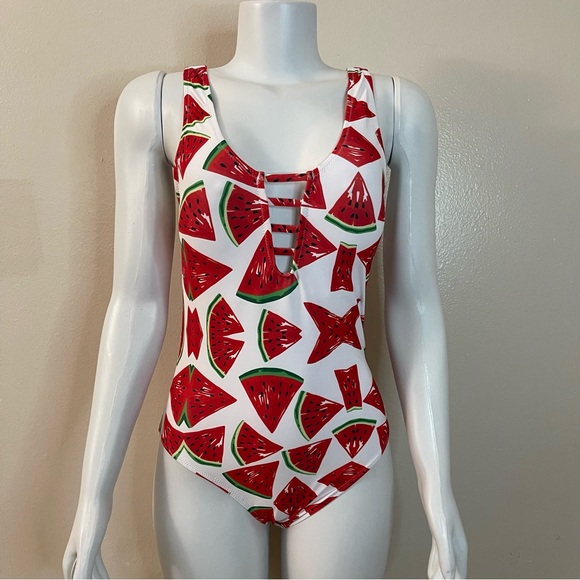 White red watermelon print cutout at front one piece swimsuit - Picture 1 of 12